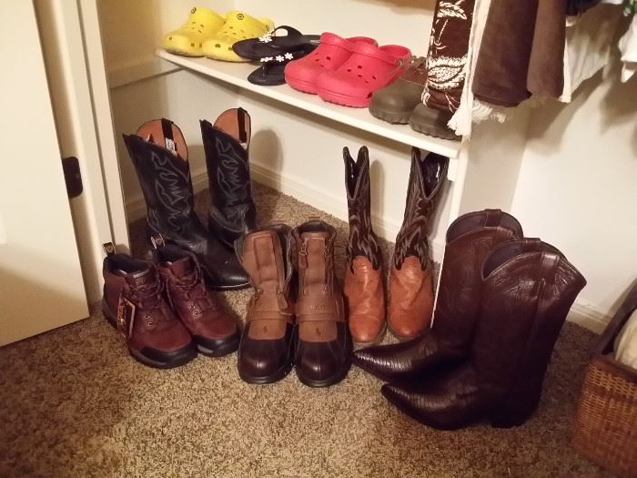 Crocs, boots - brands include Larry Mahon, Polo, Justin, Ariat