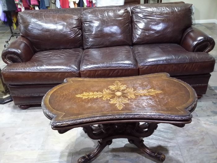Leather sofa & beautiful inlaid coffee table