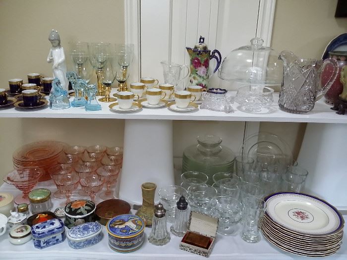 Depression plates & stemware, trinket boxes, Russian lacquer box, La Rochere Bee Glasses & plates, Lladro girl, cups & saucers, other glassware 