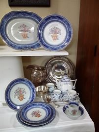 Mottaheden china Mandarin Bouquet pattern 5 piece place setting for 8 and 3 serving pieces (the other 7 sets are still packed in boxes), silver plate water pitcher & other serving pieces
