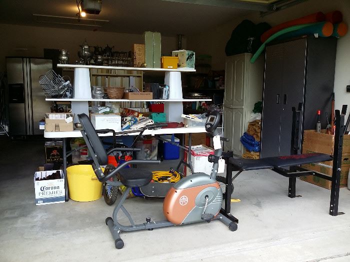 Marcy exercise bike & Welder weight bench & garage full of garage full of interesting items