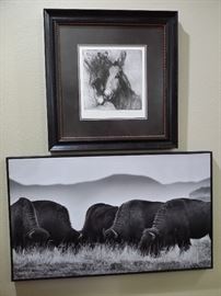 Art on top titled "Winter Hay: Nutmeg & Rummy" is a reproduction of an original etching by Piers Browne, we're not sure of the signature on the photograph of the buffalo