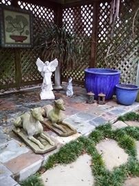 Vintage concrete whippets, concrete angel, pedestal, nice flower pots