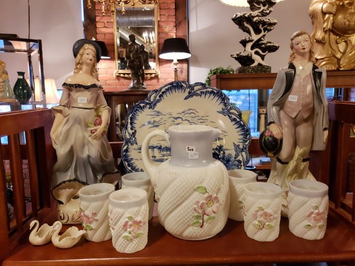 Cordey Figures,  Delft and apple blossom water set.