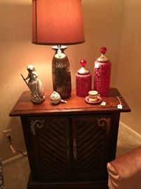 Small side cabinet/end table from LR with an assortment of décor items