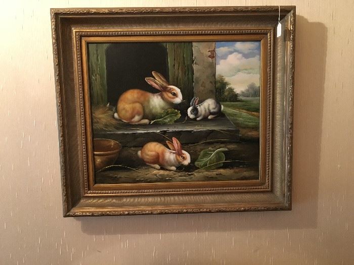 Nice heavy framed picture of bunnies that has an old school elegance