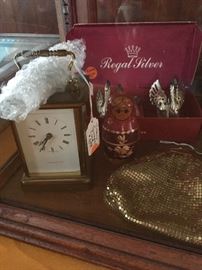 Tiffany carriage clock, Whiting and Davis mesh purse and misc.