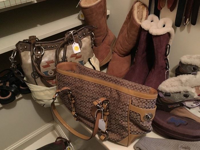 Boots and purses including Uggs, American West, and Coach.