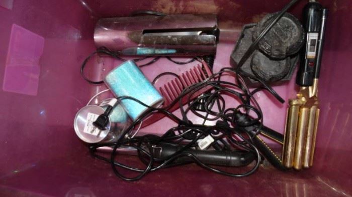 Tub of misc. Water jug, curling iron, hair crimper