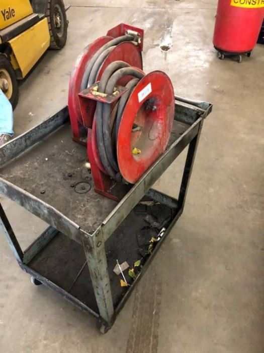 2 qty Air hose reels and Rolling tool cart