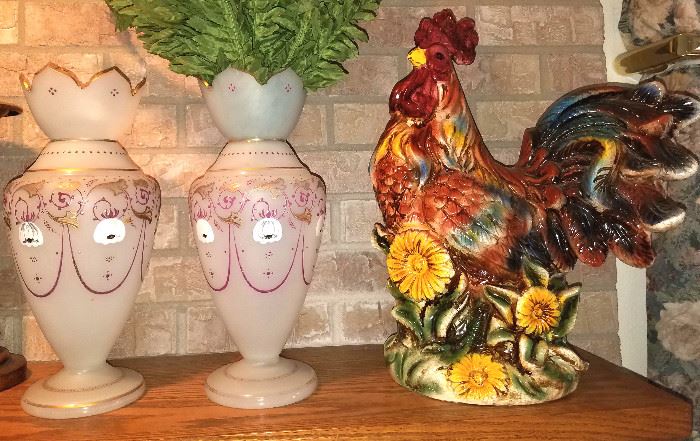 Larger frosted & painted antique vases & rooster