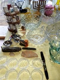 American Fostoria, thimble collection under glass dome, arrow heads, pocket knives etc.
