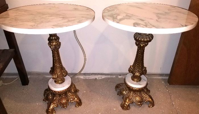 Pair "marble" pedestal tables
