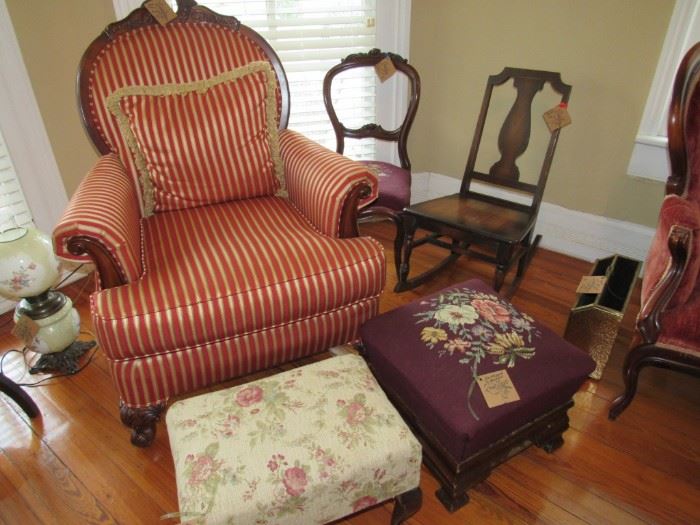 2 red/gold chiars, needlepoint footstools, side chairs, GWTW lamp, rocker