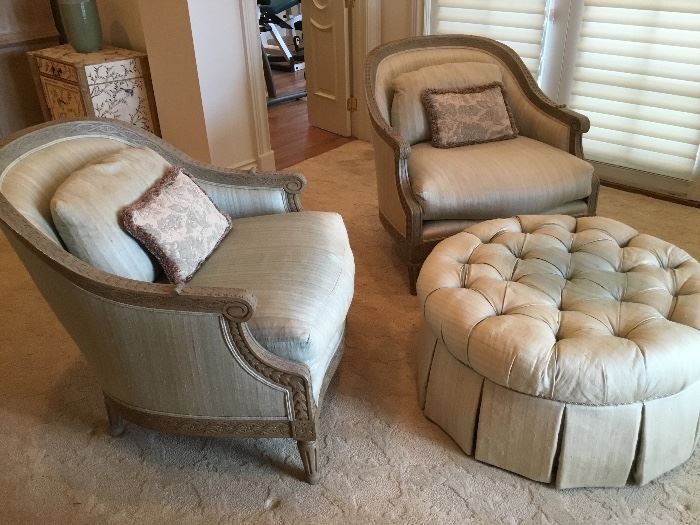 Pair of Marge Carson oversized chairs with ottoman, 
