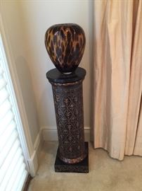 Pair of pedestals wood finish with vases 3’H x 12”w, vases 14”h each