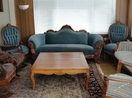 Victorian Blue Sofa 6' 4" long & 2 Balloon back Chairs