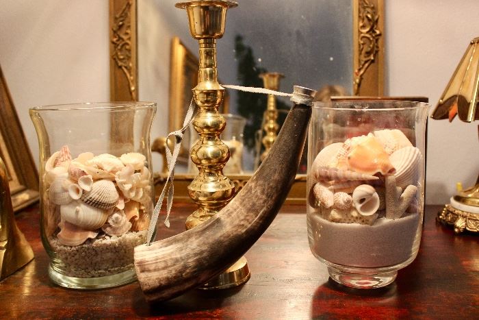 Horn Powder Keg, Seashells, Brass Candlesticks, Antique Mirror