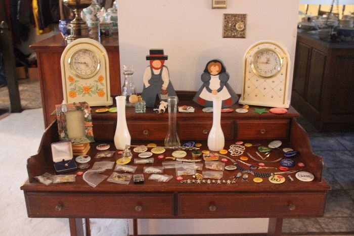 Vintage Desk, Vintage Pins, Clocks, Silver and Costume Jewelry