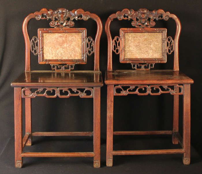 Chinese carved side chairs with marble