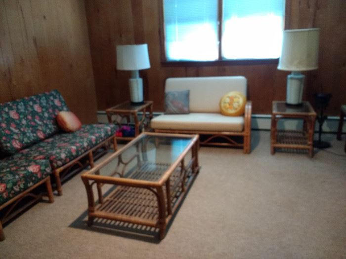 Bamboo and rattan living room set, made in Philippines in late 1960s. Very good condition. Items can be sold separately or as a set.