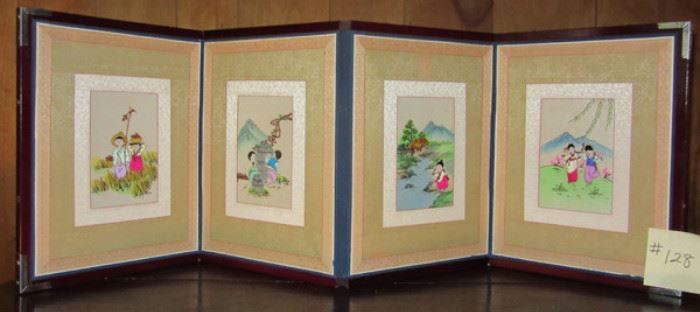 Korean embroidered panels on folding screen. Can be displayed as shown or hung from wall. Please ask about this if you are interested. It will not be displayed during sale.
