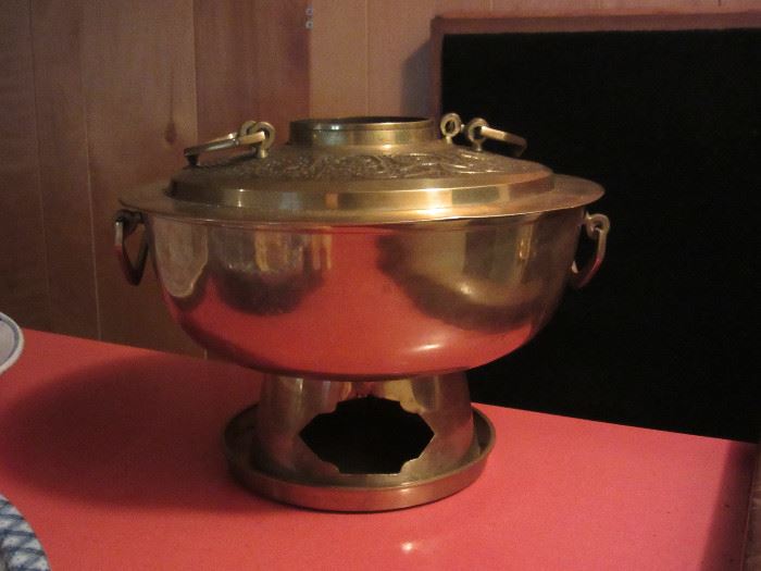 Large traditional Korean brass shin sul ro (hot pot). Two available.