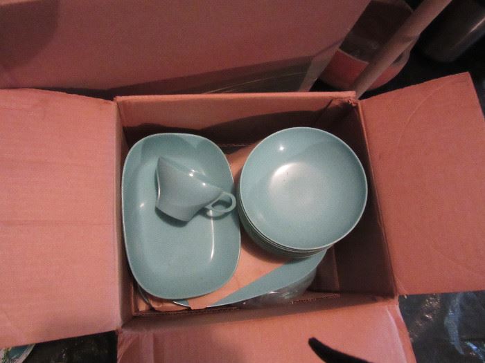 MidCentury Texas Ware melamine set of blue dishes - plates, bowls, teacups with saucers, butter dish, etc. In original box.