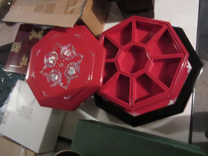 Korean lacquerware octagonal box with mother-of-pearl inlay, inserts can be removed