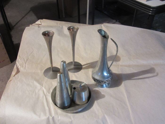 MidCentury modern pewter candlesticks, salt and pepper shakers with tray, rosebud vase