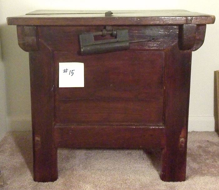 Antique Korean rice storage chest, early 20th c.. Original iron fittings. Could be used as end table. Very sturdy.
