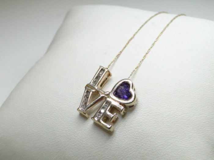 10K Yellow Gold, Diamond Amethyst Heart Necklace