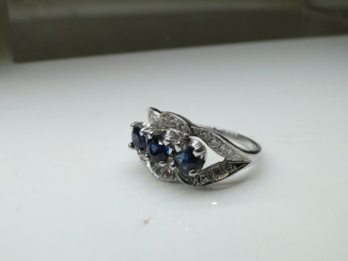 14kt White Gold Ring Feat Sapphires and Diamond