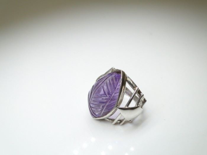 925 Silver and Carved Gemstone Ring, Size 8.5