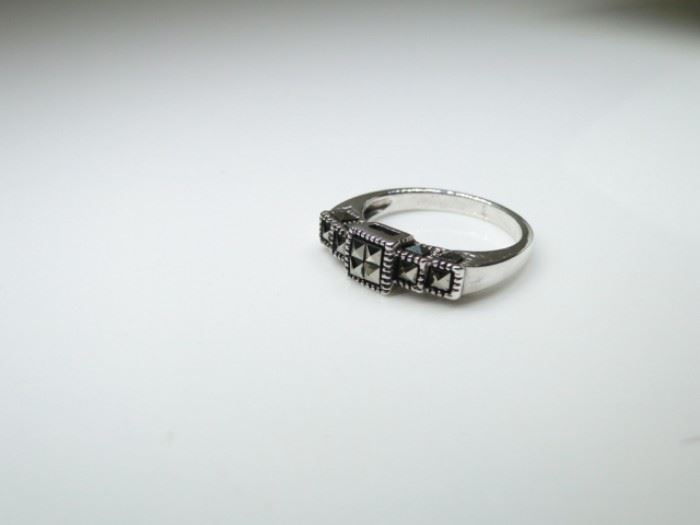 925 Silver Black Onyx Inlay & Marcasite Accented