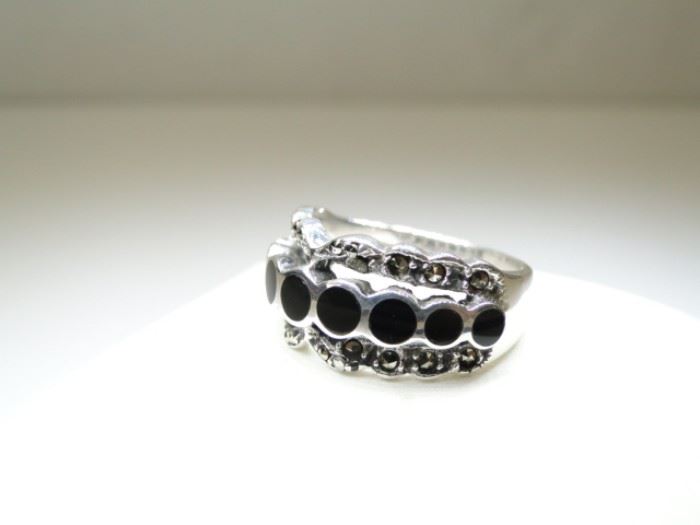 925 Silver Black Onyx Inlay Marcasite Accented
