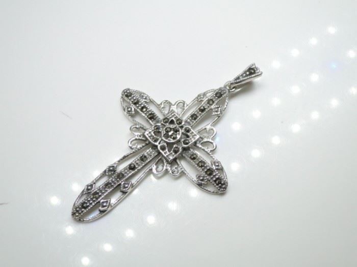 925 Silver Cross Pendant with Maracasite Accents