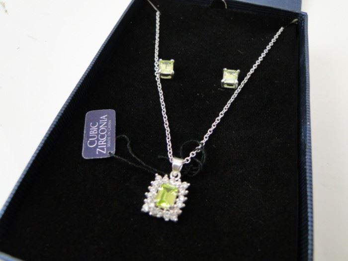 925 Sterling Silver CZ Gemstone Necklace Earrings