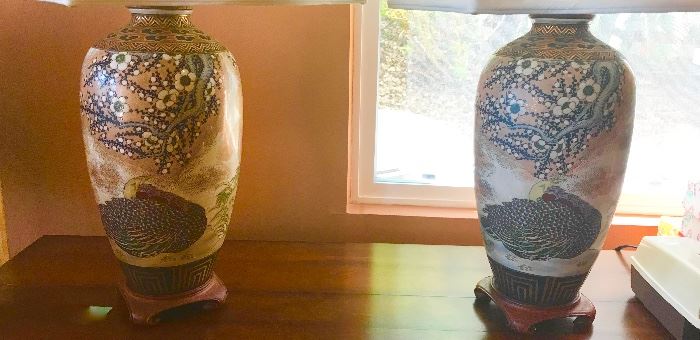 Pair of outstanding Japanese vases made into lamps.  Exquisite painting
