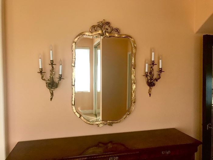 Sconces and  beautiful gilt mirror by Friedman with folding ribbon motif