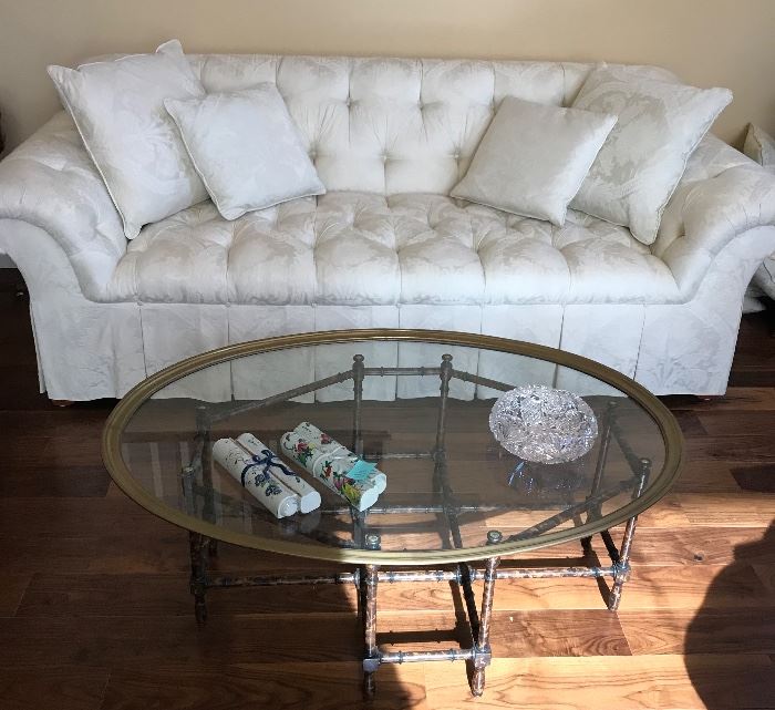 Henredon damsk white sofa nad baker bamboo and glass top table. 