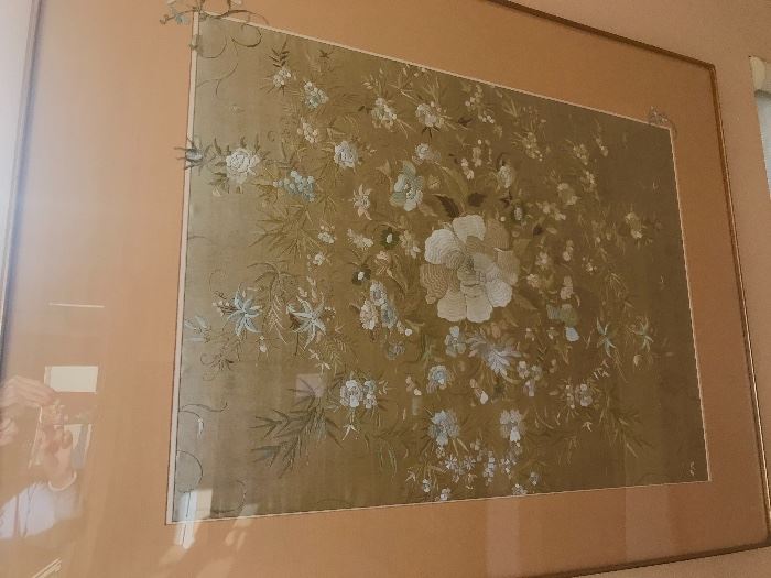 A beautiful Chinese embroidery and framed in gold leaf frame and matted in apricot solor silk matt. Large 