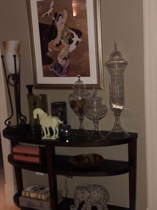 Crate and Barrel Console table, lamp, artwork and assorted accessories.