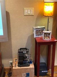 Super 8 projector, accent table, lamp, etc
