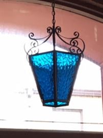 Vintage hanging blue light is 23" X 14" wide, 23" from base to chain.