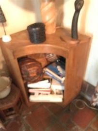 A pair of oak corner cabinets/book cases.