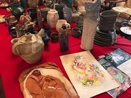 Another display of pottery, showing some of Jane Hankins' pieces up front.