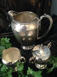 Silver plate water pitcher; silver plate sugar & creamer 