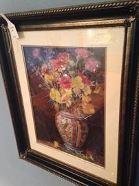Framed art of blue & white vase with flowers