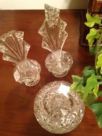 Perfume bottles; powder puff box